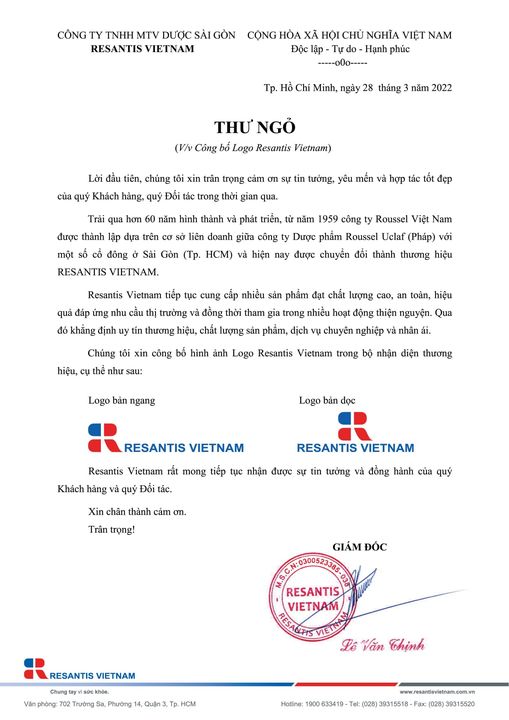 Chi nhánh  Resantis Việt Nam - Công ty TNHH MTV Dược Sài Gòn tiền thân là Công ty  Roussel Việt Nam