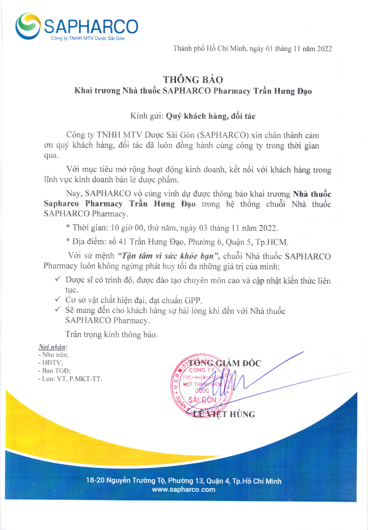 Thông báo khai trương nhà thuốc SAPHARCO pharmacy Trần Hưng Đạo