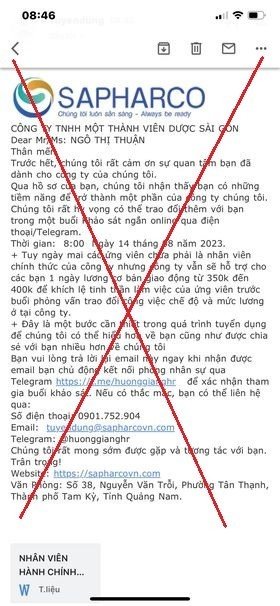 Công ty TNHH MTV Dược Sài Gòn - Sapharco cảnh báo thủ đoạn mạo danh, lừa đảo tuyển dụng trên các nền tảng mạng xã hội